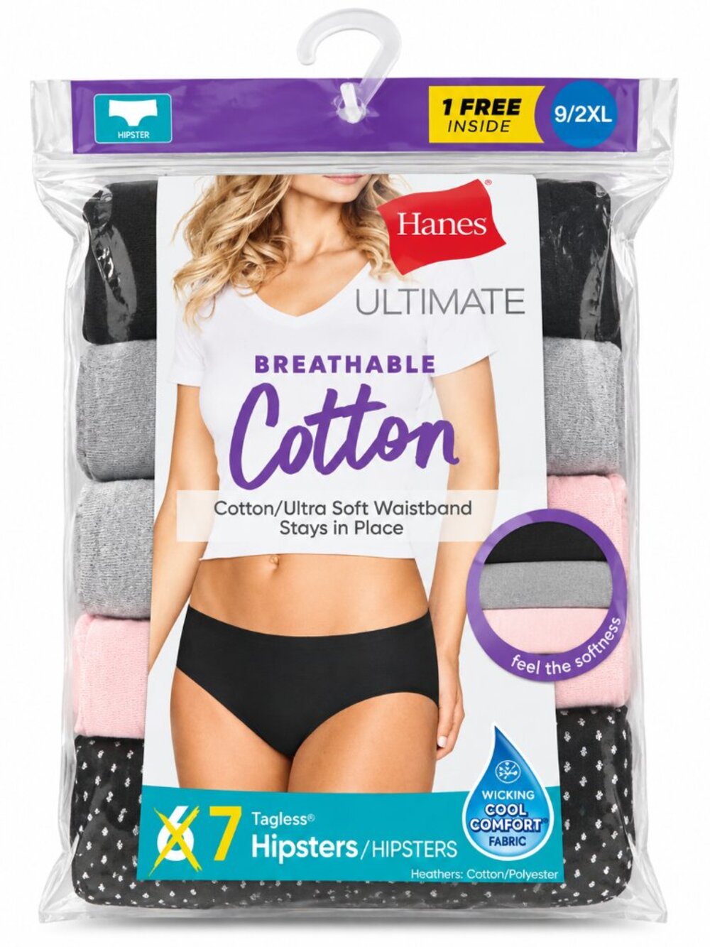 Hanes Ultimate Womens Hipster Panties 7 Pack Size 9 2XL Cotton Tagless Assorted